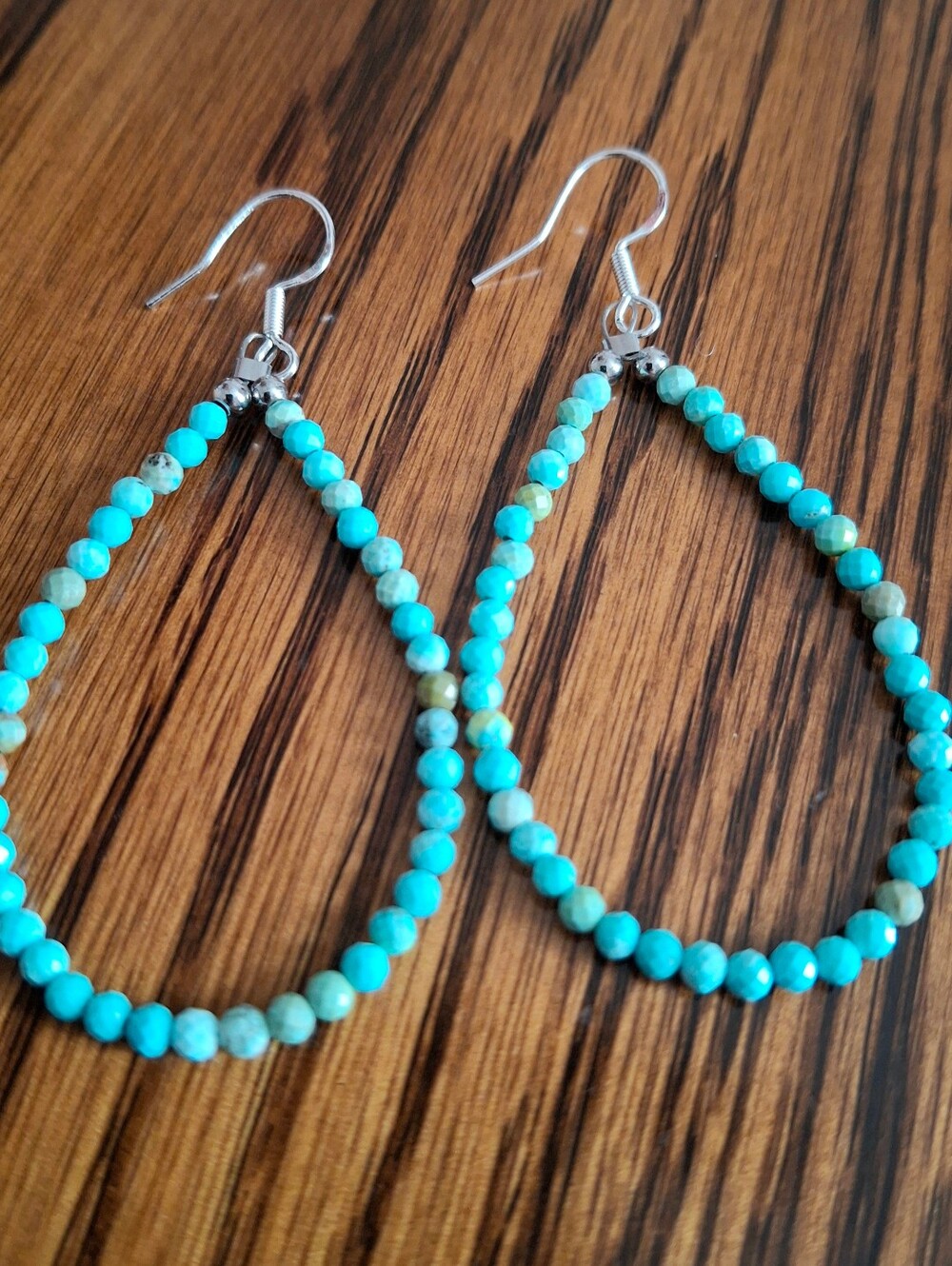 Turquoise Faceted 3mm Beaded Hoop Earrings Sterling Silver